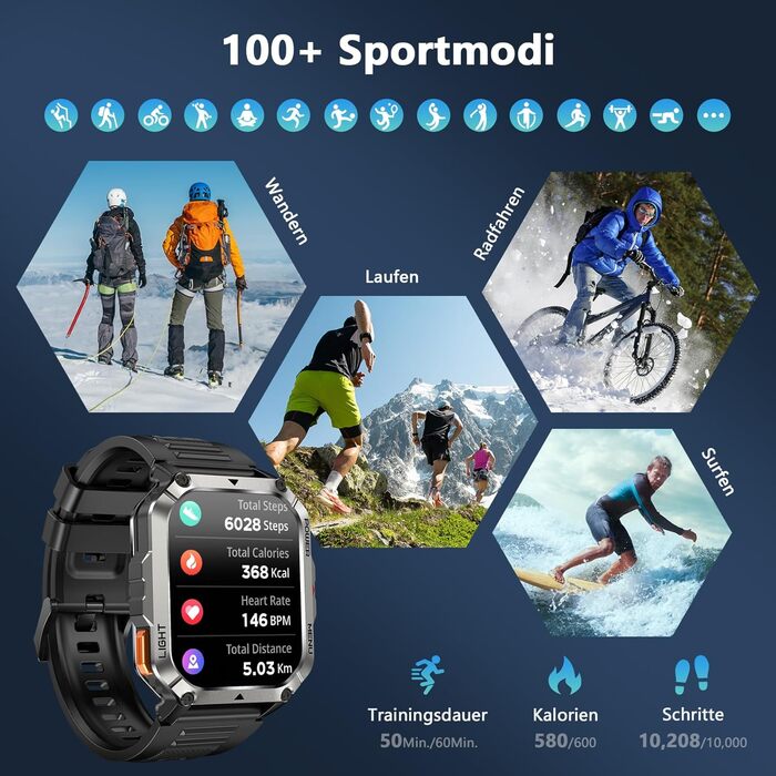 Розумний годинник Blackview для чоловіків з акумулятором 900 мАг, Bluetooth-дзвінками/компасом/світлодіодним підсвічуванням/2 браслетами (силікон/нейлон), спортивний годинник з монітором серцевого ритму, сну, кроків, калорій та кілометражу, фітнес-годинни