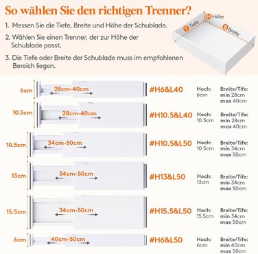 Набір із 8 регульованих роздільників для шухляд Lifewit, органайзери-роздільники для внутрішньої довжини 2840 см та висоти &gt6 см, для спальні, кухні, столових приборів, шаф, письмового столу, системи організації шухляд, білого кольору, 8 висоти 6 та дов