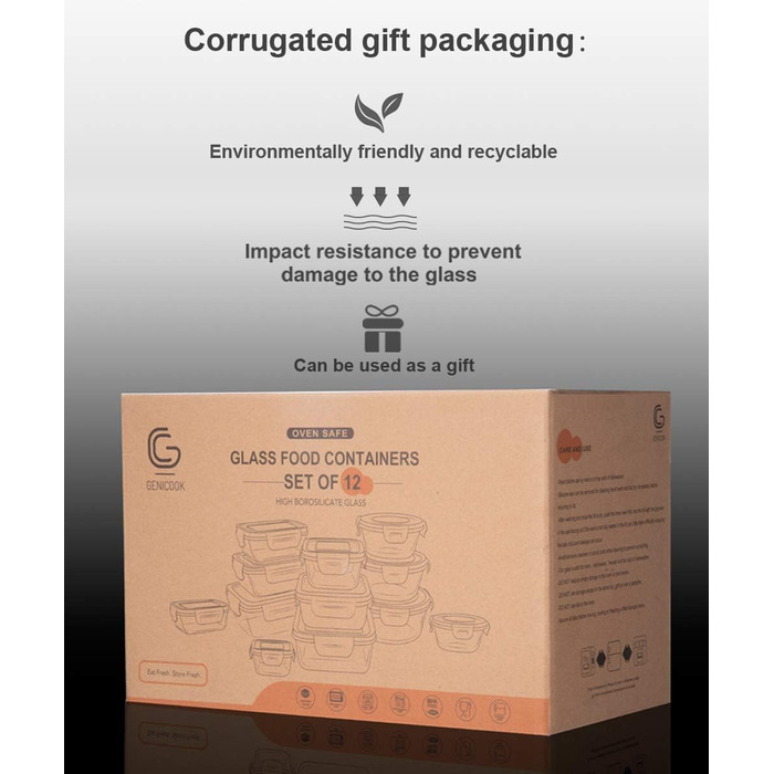 Набір скляних контейнерів для зберігання їжі GENICOOK Скляний контейнер/ланч-бокс/коробка для зберігання - не містить BPA та схвал
