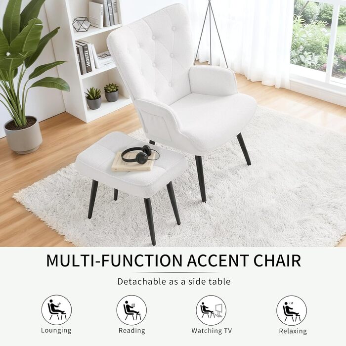 Крісло CLEVICH з підніжкою - Затишне крісло для відпочинку з підніжкою, крісло для читання, крісло з тканини Тедді для вітальні та спальні - До 168 кг, Біле