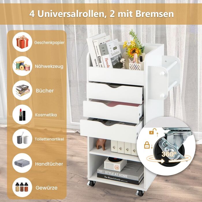 Контейнер на колесах COSTWAY з 3 шухлядами, візок для рукоділля з 2 коліщатками та 3 відділеннями, дерев&39яна шафа з шухлядами на колесах, багатоцільовий візок на колесах для офісу/кабінету (білий)