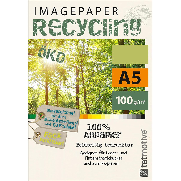 Перероблений папір TATMOTIVE Imagepaper Eco 100 г/кв.м A5, сертифікований FSC, підходить для всіх принтерів, папір для копіювального паперу на 500 аркушів, екологічний папір для принтера