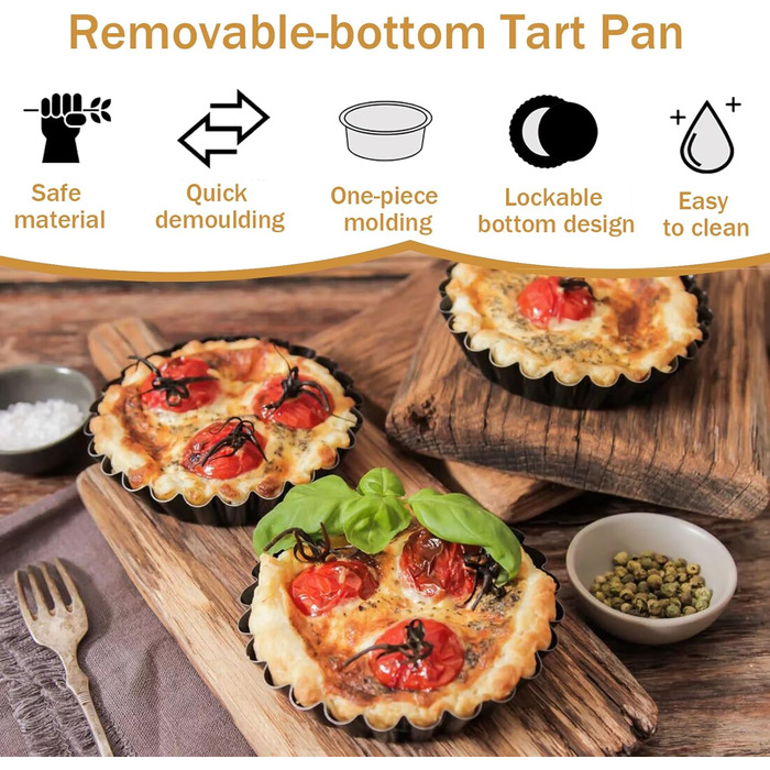 Набір із 4 міні-форм для тарталетків (10 см) з підйомним дном та антипригарним покриттям - Форми для кішу з вуглецевої сталі для тарталеток, мафінів, капкейків, тортів - Форми для випікання багаторазового використання (чорні)