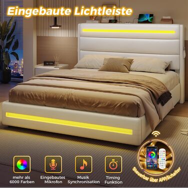 Ліжко 160x200 зі світлодіодним освітленням, Гідравлічне ліжко 160x200 см, М&39яке двоспальне ліжко, Каркас ліжка з місцем для зберігання та рейковою основою, Спальня, ПУ білий 160 x 200 Білий