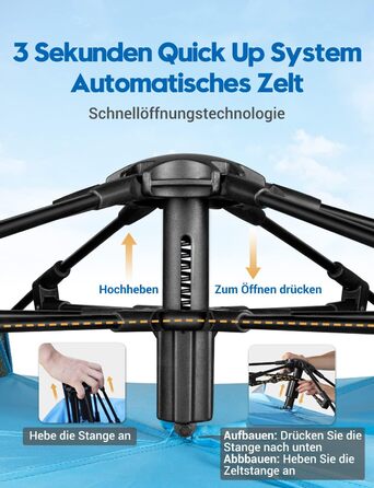 Пляжний намет Glymnis Quick Up, автоматичний пляжний намет, захист від ультрафіолету 50, вітрозахисний, сонцезахисний козирок із системою швидкого складання, невеликий розмір у пакуванні, для 4-5 осіб, синій, BT-ZD02-B, з подовжувальною підлогою