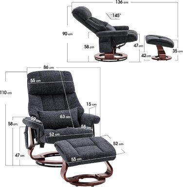 Крісло-реклайнер з підніжкою, обертове крісло для телевізора з функцією відкидання, сучасне крісло для телевізора для вітальні, з подушкою та бічною кишенею, 9066 (тканина, темно-сірий) темно-сіра тканина