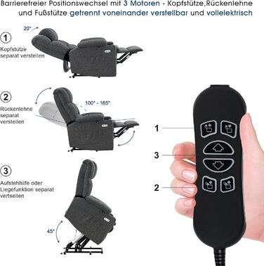 Крісло-реклайнер для телевізора M MCombo з електричним підйомником, 3 двигуни, окремо регульована спинка та підставка для ніг, крісло-реклайнер з функцією горизонтального положення до 165, регульований підголівник, 7546 (тканина, сірий)