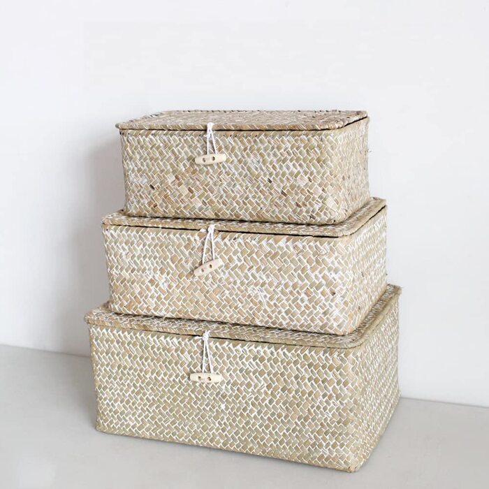 Кошик для зберігання морської трави з кришкою, плетена прямокутна ротангова скринька ручної роботи для іграшок, одягу, книг, ключів, органайзера для макіяжу, набір з 3 полиць-кошиків