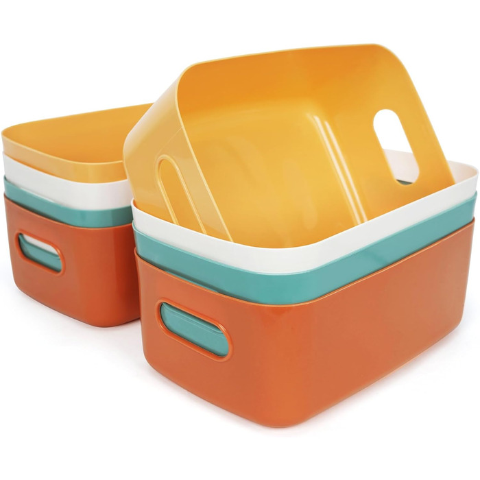 Набір з 8 барвистих коробок для зберігання, пластикові кошики для зберігання, органайзери для кухонних шаф з ручками, коробки для зберігання кошиків, пластикові кошики для ванної кімнати, кухні, комори, 8 л, барвисті