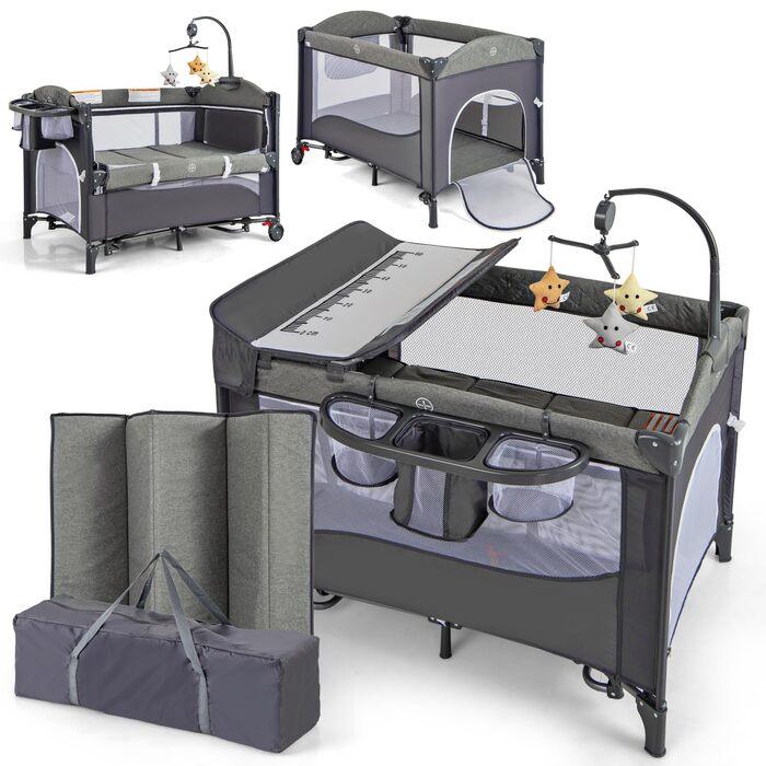 Дитяче ліжечко FANTASK 5-в-1, регульоване по висоті дитяче ліжечко з матрацом та колесами, дорожнє ліжечко з пеленальний столик, підвісні іграшки, музичний мобіль та ремені безпеки, колиска/колиска для малюків (синя)