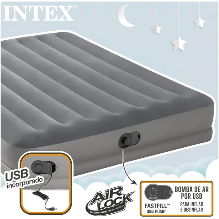 Надувний матрац Intex 64114E Dura-Beam Standard Prestige Fiber-Tech розмір Queen вбудований електричний насос USB висота 30,5 см вантажопідйомність 272,2 кг Надувний матрац середньої висоти Queen