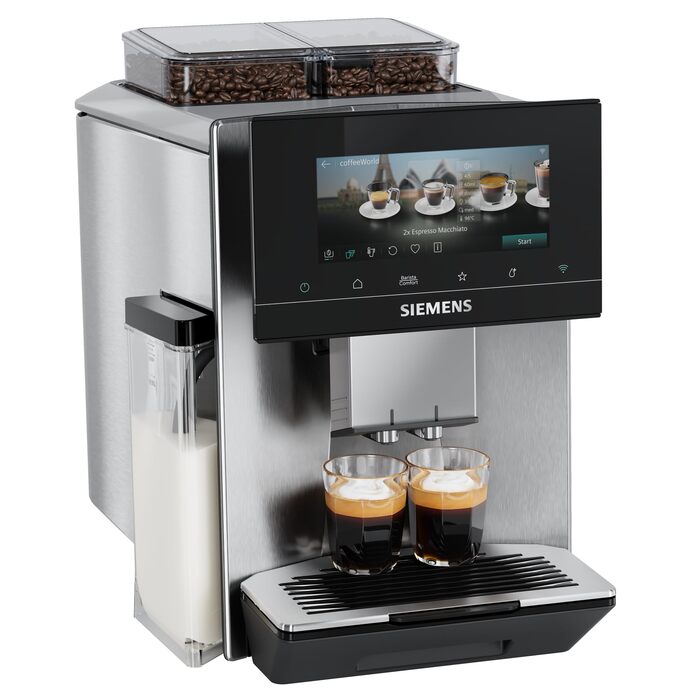 Кавомашина Siemens EQ900 iAroma персоналізація налаштувань, точний жорер, великий сенсорний дисплей, 2 контейнери для зерен, срібляста, TQ927E03 EQ900 iAroma 2026