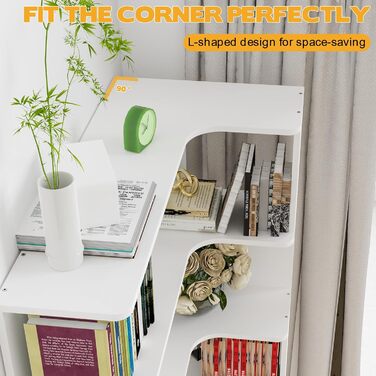 Г-подібна кутова полиця з 5 полицями, велика відкрита окремостояча полиця, кутова книжкова полиця білого кольору для спальні, вітальні, кабінету, 90x48x169 см 90 x 48 x 169 см Білий