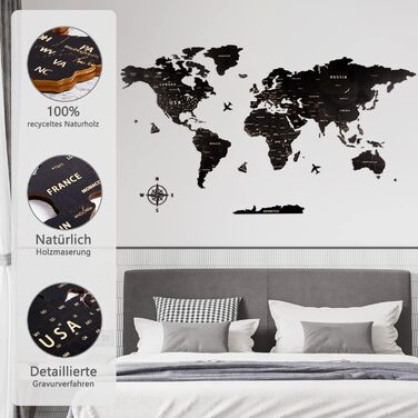 Карта світу настінне оздоблення з дерева, чорна карта світу карта подорожей настінне оздоблення настінне мистецтво для офісу, віта