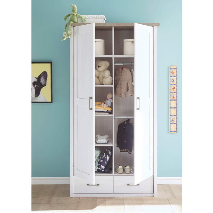 Елегантна шафа LUCA з 2 дверима для дитячої кімнати - Універсальна шафа з орними дверима та великим місцем для зберігання в кольорі &quotСосновий білий&quot / &quotТрюфель&quot - 106 x 201 x 55 см (Ш/В/Г)