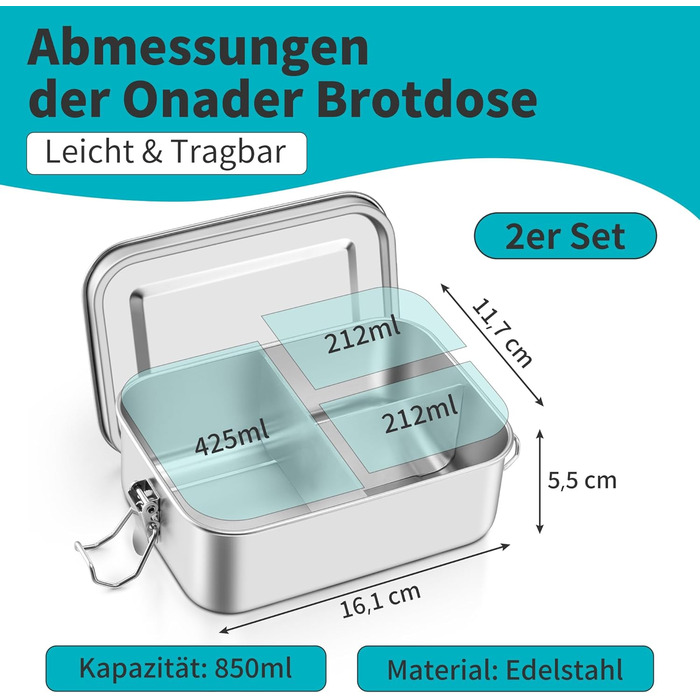 Набір металевих ланчбоксів Onader з роздільниками, 850 мл, 2 шт. Бенто-бокс для дітей та дорослих, герметичний, можна мити в посудомийній машині, 16,5 см