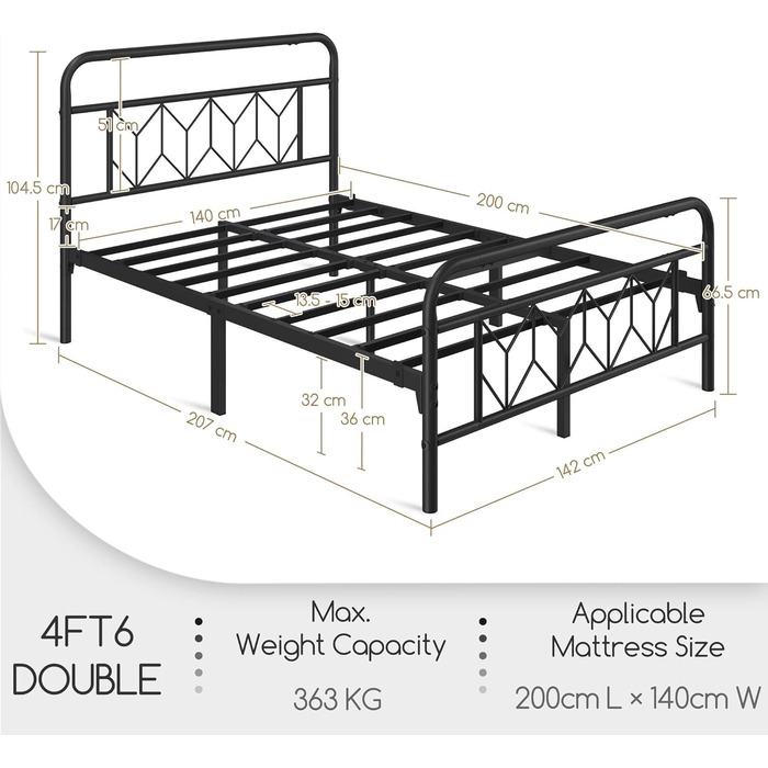 Металеве ліжко Yaheetech 140 x 200 см Вінтажний каркас ліжка з високим узголів&39ям, сучасне мінімалістичне двоспальне ліжко з рейковою основою та місцем для зберігання під ліжком для спальні, чорне 140 x 200 см