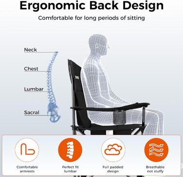 Крісло для кемпінгу KingCamp з сумкою-холодильником та тримачем для напоїв, кемпінгове крісло для дорослих, складні вуличні стільці для саду, пікніка, походів, використання в приміщенні, вантажопідйомність 136 кг, чорний