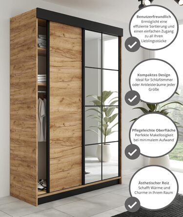 Шафа-купе з дзеркалом - Шафа для спальні - Шафа для спальні - Шафа - Шафи - Шафи - 138x205x59 - Чорний