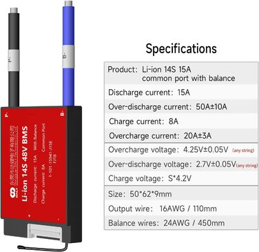 Система керування літій-іонним акумулятором DALY BMS 14S 48V 15A, плата захисту акумуляторного блоку зі загальним портом та балансувальними проводами для домашнього використання, електронних пристроїв з акумулятором 18650, саморобними роботами