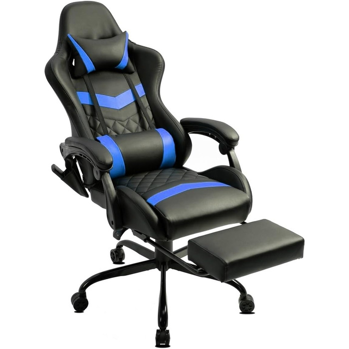 Ігрове крісло Delman, гоночне крісло, офісне крісло, комп&39ютерне крісло, масажне крісло з 6 точками вібрації, крісло керівника, штучна шкіра, ергономічна підставка для ніг 12-0037 (синє)