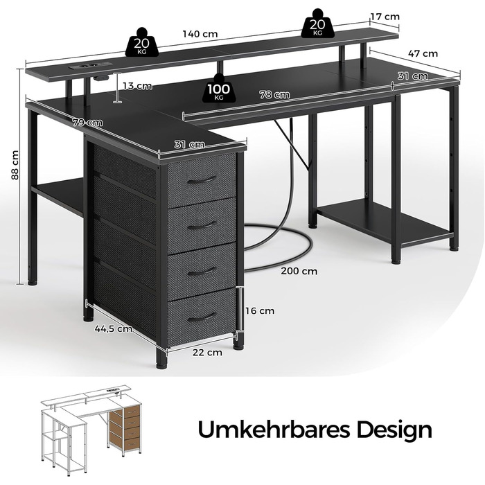 Письмовий стіл Rolanstar з 4 шухлядами та 3 полицями, комп&39ютерний стіл з розетками та світлодіодним освітленням, L-подібний ігровий стіл для спальні, вітальні, домашнього офісу, офісу (чорний, 140 см) Чорний 140 см