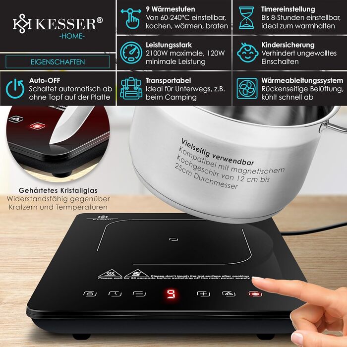 Індукційна варильна поверхня KESSER Індукційна варильна поверхня 1 тарілка 2100 Вт портативна 28 см 3 тканини з мікрофібри книга рецептів, 9 налаштувань нагріву, 8-годинний таймер, сенсорне керування, функція бустера 220-240 В Конфорки - 1