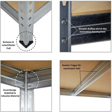 Посилений стелаж (ВxШxГ) 180x120x60 см, Вантажопідйомність полиць 250 кг, Інноваційна вставна система, Оцинкований, Гаражний стелаж, Складський стелаж, Вставний стелаж, Сталь, Підвальний стелаж 180x120x60 см, Оцинкований