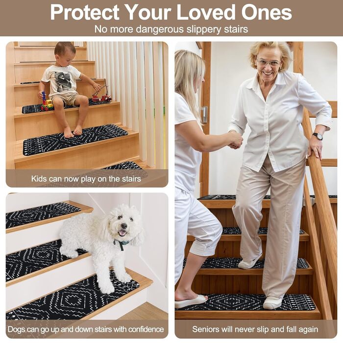 Сходинки OJIA, нековзні, килимок у тон для дерев&39яних сходинок, квадратні сходинки Capet, гумова підкладка, доріжка для сходів, нековзний килимок для сходової площадки, 81,3 x 81,3 см (прямокутні), чорний/марокканський 1