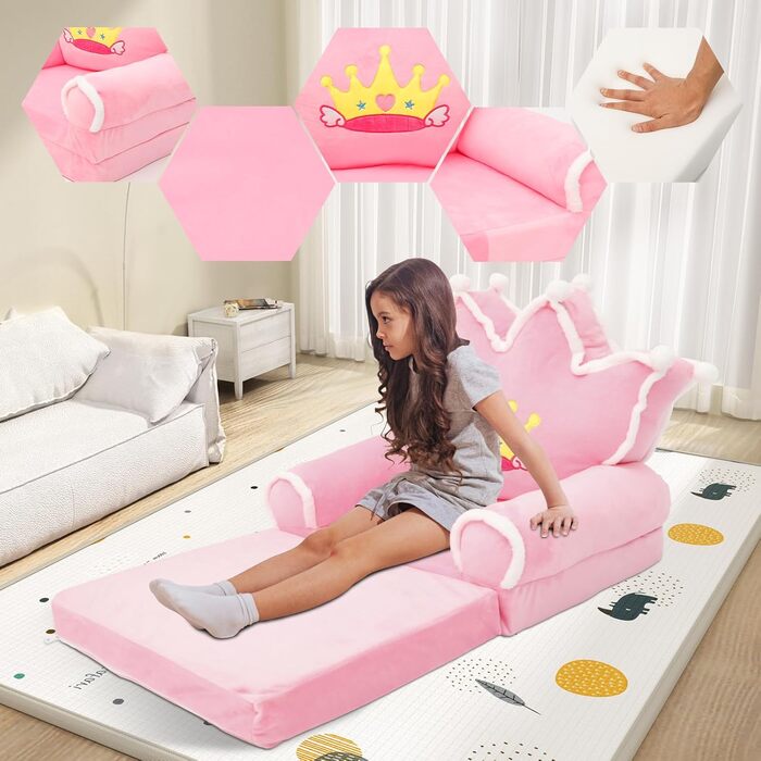 Дитяче крісло, зручний дитячий диван-ліжко, розкладний диванчик для малюків, легке дитяче крісло-шезлонг, портативний диванчик для дітей віком від 1 до 4 років (рожева хутряна корона з кульок)