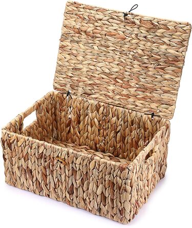 Натуральний кошик для зберігання речей з водяного гіацинта та морської трави. Плетена водонепроникна коробка для зберігання з кришкою. Для використання у вітальні, кухні, шафі для одягу, книг, фруктів, овочів та косметики. 40 x 28 x 19 см.