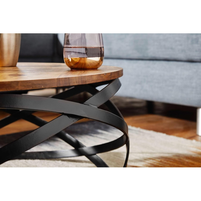 Круглий журнальний столик FineBuy MANUR з масиву шишаму Ø 60 см стіл для вітальні в промисловому дизайні з чорним металевим каркасом дерев&39яний стіл ручної роботи, натурально-коричневий