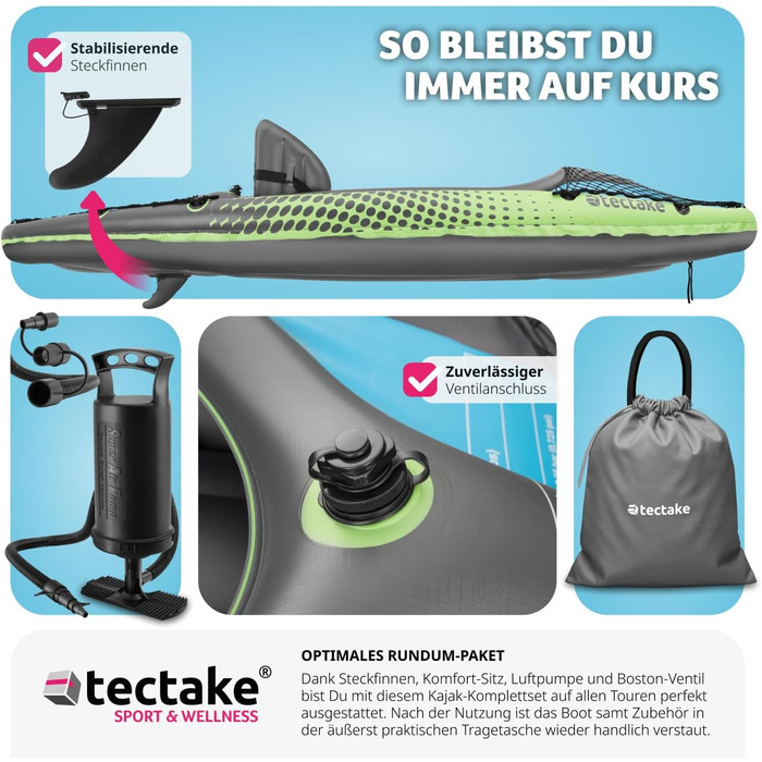 Надувний каяк tectake, надувний каное/велосипедний човен на 1 особу з подвійним веслом та аксесуарами сидінням, насосом, сумкою для транспортування, для водних видів спорту, відпочинку, риболовлі, веслування
