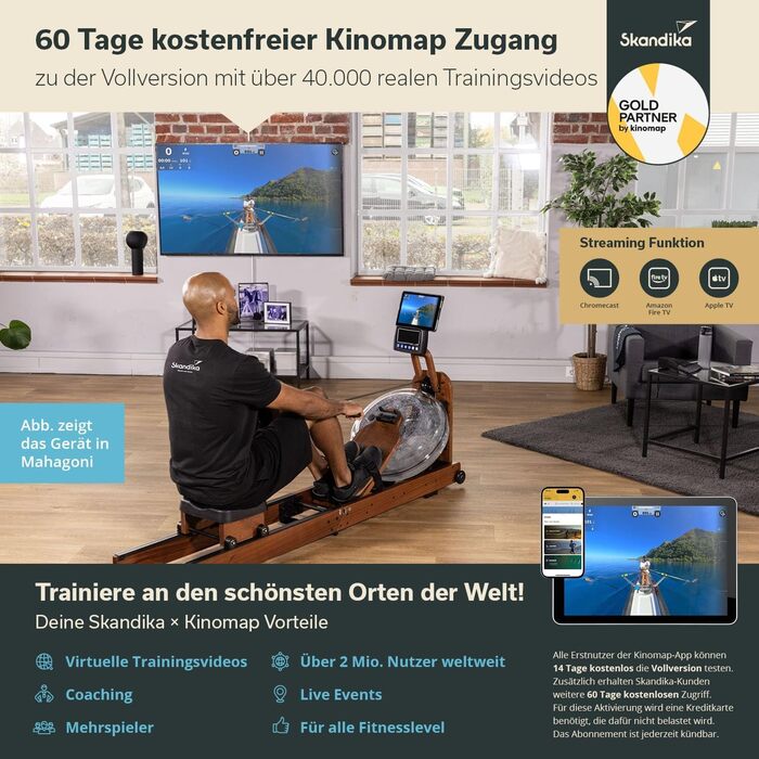 Дерев&39яний складний водний гребний тренажер Skandika Nytta Дерев&39яний водний гребний тренажер з баком 45, зібраний на 95, швидке складання, виготовлений з масиву європейського бука, сумісний із додатком Kinomap, домашній гребний тренажер, темний бук