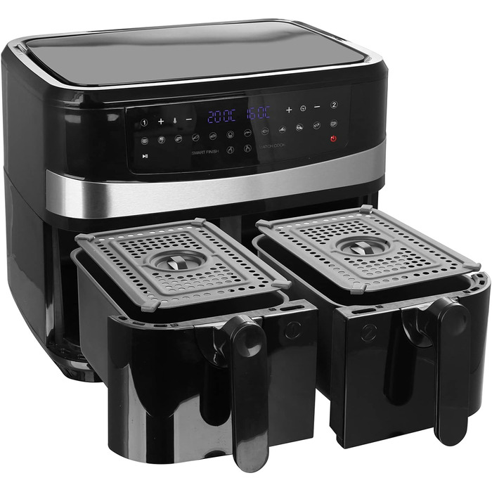 Цифрова ПОДВІЙНА фритюрниця Emerio Фритюрниця Смаження гарячим повітрям без додаткової олії 2 шт. 5,0 л об'ємом 12 програм без бісфенолу А функція SMART FINISH (обидві завершені одночасно) AF-126672.4 2x4.5 літрів