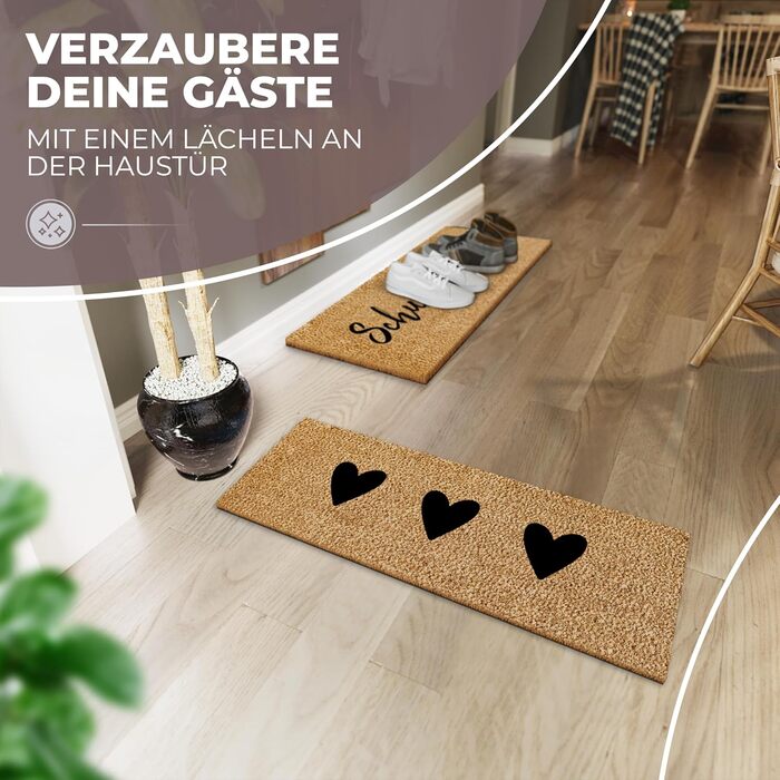 Кокосовий килимок для дверей 75x25 см з чорними сердечками Надзвичайно міцний та нековзний кокосовий килимок Для використання всередині та на вулиці Ідеально підходить як вузький пилозбірник та килимок для входу 3 сердечка, чорний, 75 x 25 см