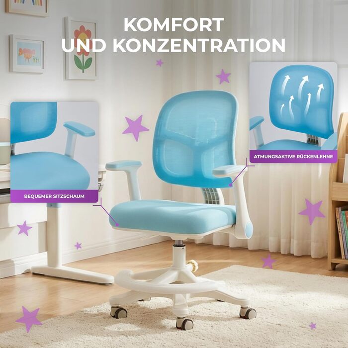 Дитяче письмове крісло Spacetronik - Ергономічне дитяче письмове крісло з 6 колесами, регульованими підлокітниками, підставкою для ніг, регульованим по висоті сидінням - 4-15 років, регульована підставка для ніг, 6 колесів, сірий