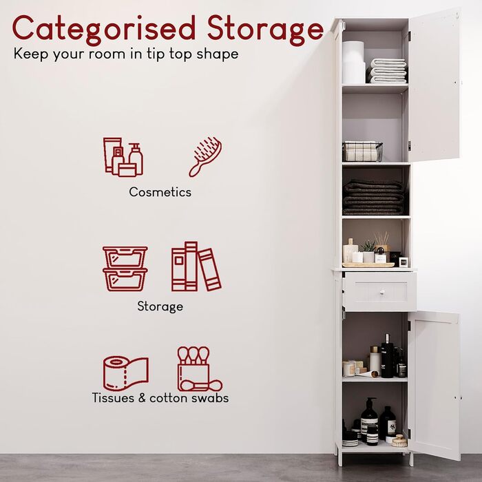 Висока шафа для ванної кімнати Vida Priano з дзеркалом, шафа для зберігання речей, висока підлогова шафа, білий колір Milano, висока біла