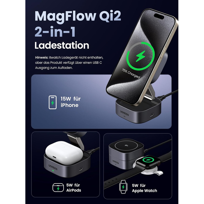 Сертифікована 15 Вт зарядна станція 2 в 1, сумісна зі складним бездротовим зарядним пристроєм MagSafe для iPhone 16/15/14/13, AirP