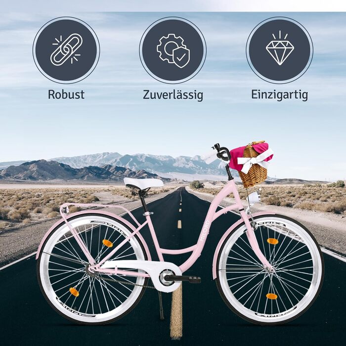 Жіночий міський велосипед MILORD Comfort з плетеним кошиком, вінтажний, 26, 28 дюймів, 1 швидкість, рожевий, 26 дюймів