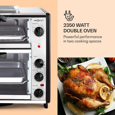 Подвійна духова шафа oneConcept All-You-Can-Eat - електрична духовка, дві окремі камери для випічки, загальний об'єм 42 літри, пластина для гриля, 2400 Вт, регульована температура 60-240C, нержавіюча сталь, срібло