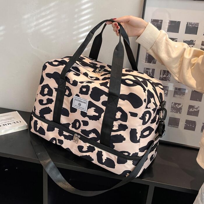 Жіноча спортивна сумка, дорожня сумка, 42,43 л, жіноча спортивна сумка для коротких поїздок з відділенням для взуття та відділенням для вологих речей, велика сумка на вихідні з зебровим та леопардовим принтом, водонепроникна, бежева, A