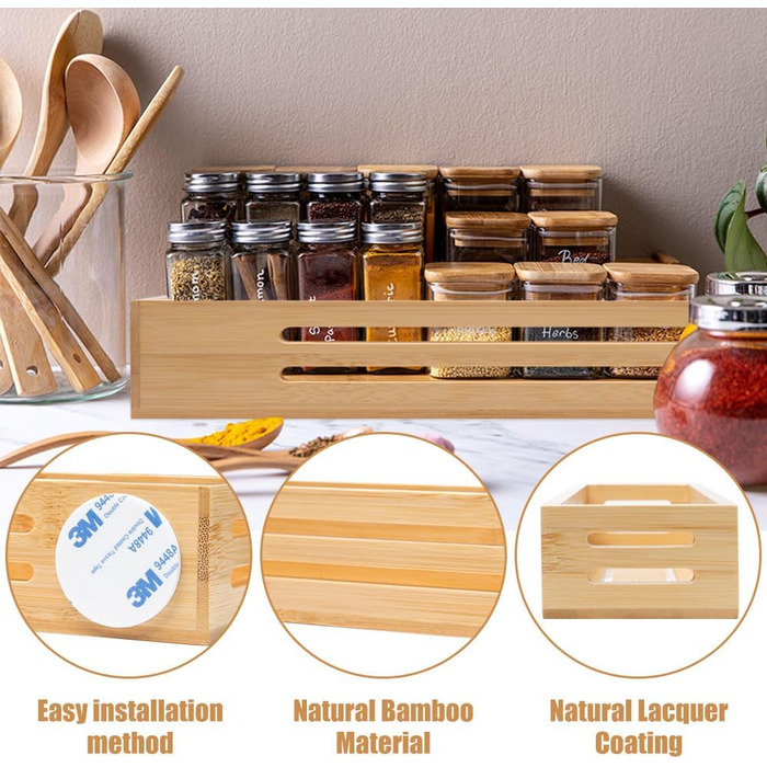 Секційна бамбукова підставка для спецій настінна з гвинтом, клейка наклейка бамбукова підставка для спецій тримач для спецій можна використовувати на дверцятах шаф або холодильника, стоячи або підвішуючи, для дому, офісу, кухні, ванної кімнати, 2-