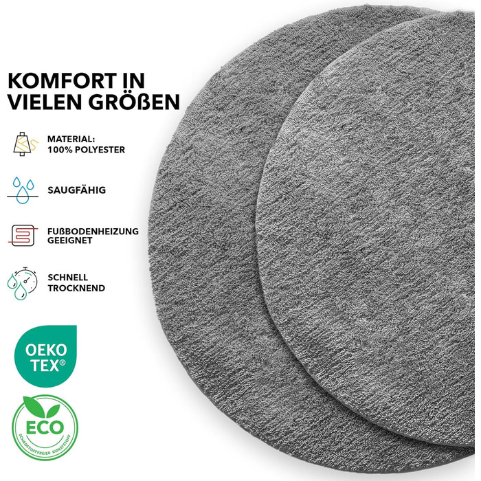 Килимок для ванної KARAT Sky, круглий килимок для ванної, щільний, пухнастий комфорт для вашого дому, нековзний килимок для ванної, що миється, протестований на шкідливі речовини (темно-сірий, 95 см (круглий)) 95 см (круглий) темно-сірий