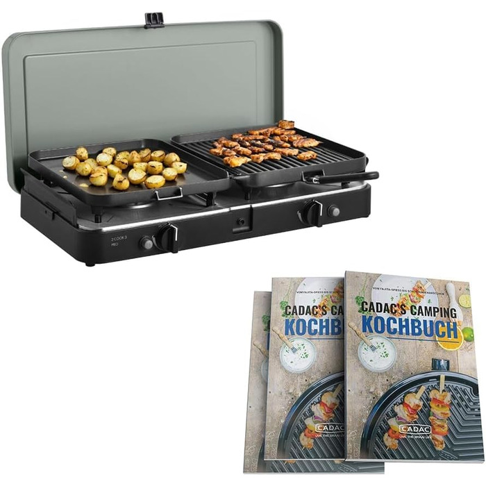 Газовий гриль для кемпінгу 2-Cook 3 Pro Deluxe - 50 мБар - Сталь, алюміній та пластик - Газова плита для кемпінгу - вкл. кулінарна книга для кемпінгу та сумка для перенесення Pro Deluxe 50 мБар кулінарна книга для кемпінгу