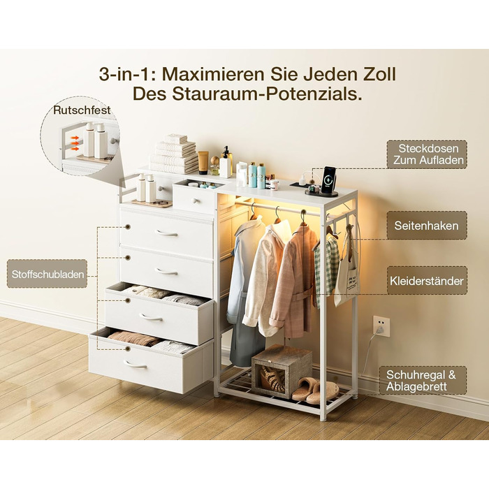 Комод Coleshome з вішалкою для одягу, світлодіодним освітленням та розеткою, двосторонній дизайн з 6 шухлядами, тканинний комод для спальні та вітальні, 110 x 30 x 106 см, білий