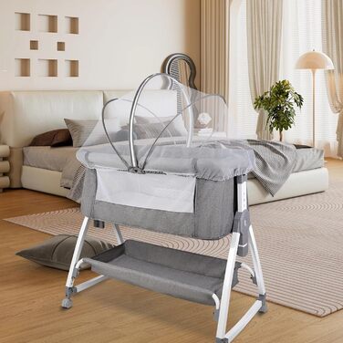 Дитяче ліжечко Side-by-Side, дитяче ліжечко 2-в-1 від народження до 25 кг, додаткове ліжко з 6 регулюваннями висоти, з матрацом/відкидною бічною панеллю/колесами, ліжечко з сітчастої тканини - 80 x 40 x 100-115 см - льон 80 x 40 x 100-115 см - льон