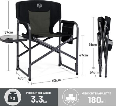 Складане кемпінгове крісло TIMBER RIDGE з 2 предметів, надлегке 3,3 кг, крісло директора, складне, вантажопідйомність 180 кг, з бічним столиком, рибальське крісло з бічною кишенею та тримачем для напоїв, портативне для кемпінгу, риболовлі, пляжу, пікніка,