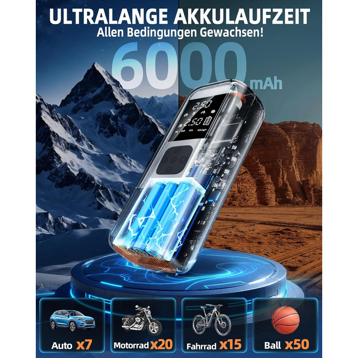 Електричний повітряний насос, міні-компресор, 160x70x50 мм, 10.3 бар / 150 PSI, ABS-пластик/метал, чорний