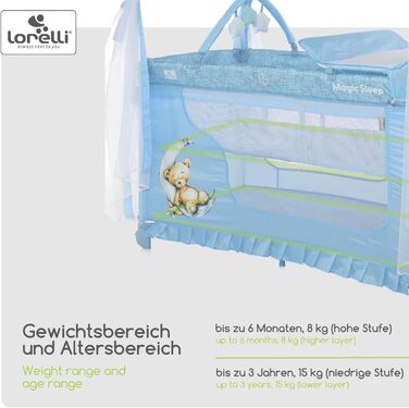 В-1 Дитяче ліжко та манеж, Ліжко-балдахін Magic Sleep з 2 рівнями, Дитяче ліжко від народження, Ліжко для подорожей, Пеленальний килимок, Колеса, Сумка, Світло-блакитний, 3-